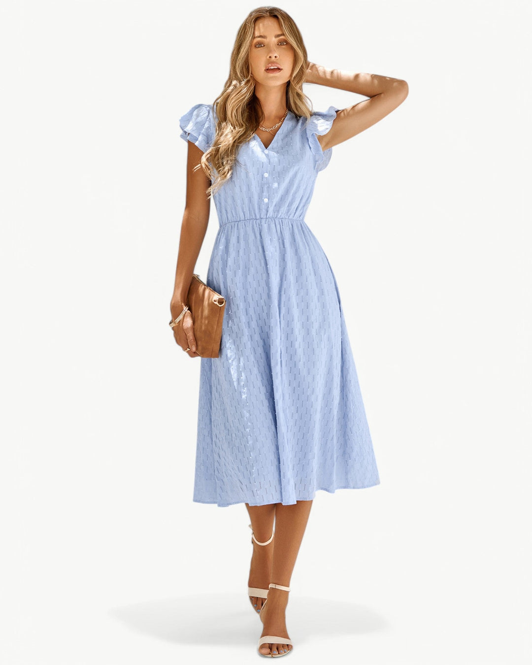 Lara™ | V-Neck Midi Dress with Ruffled Sleeves