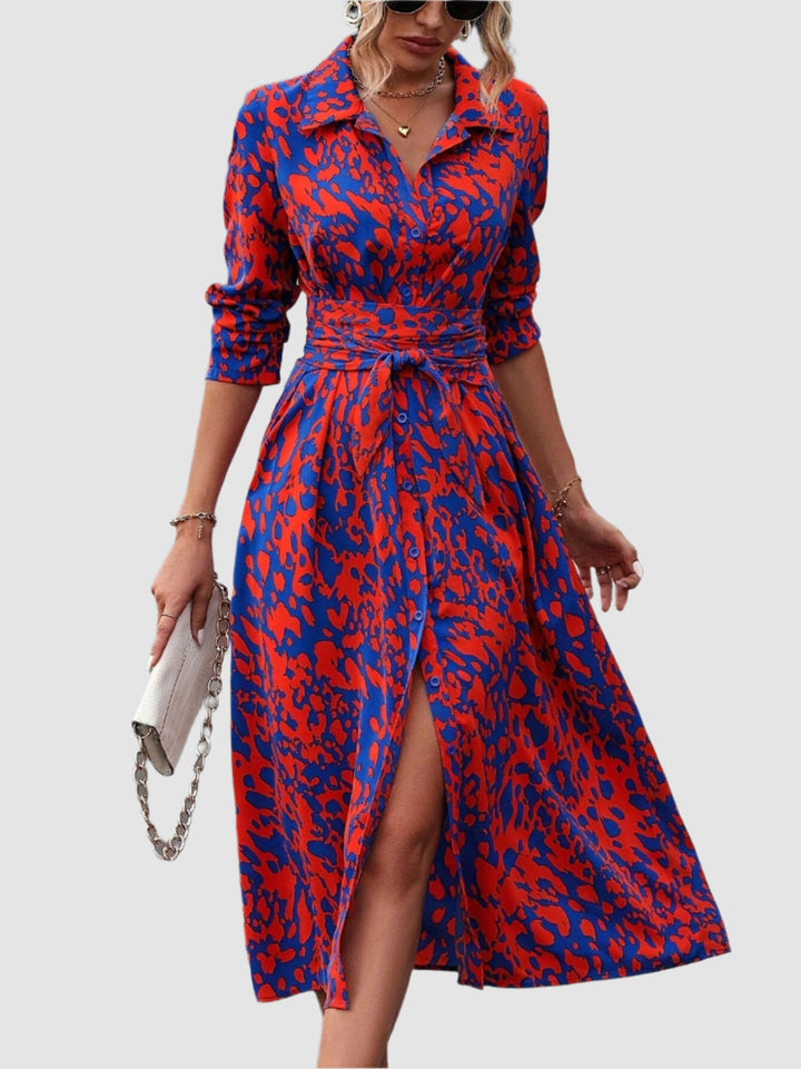 Virella – Elegant Button Dress with Long Sleeves and Allover Print