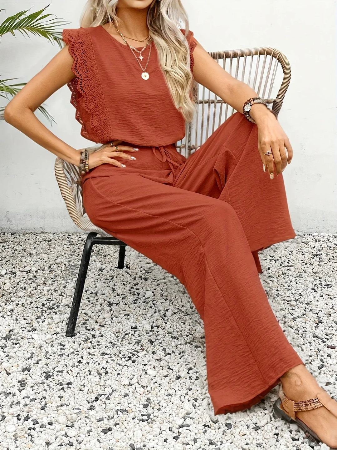 Ziva - Elegant Lace Top And Wide Leg Pants