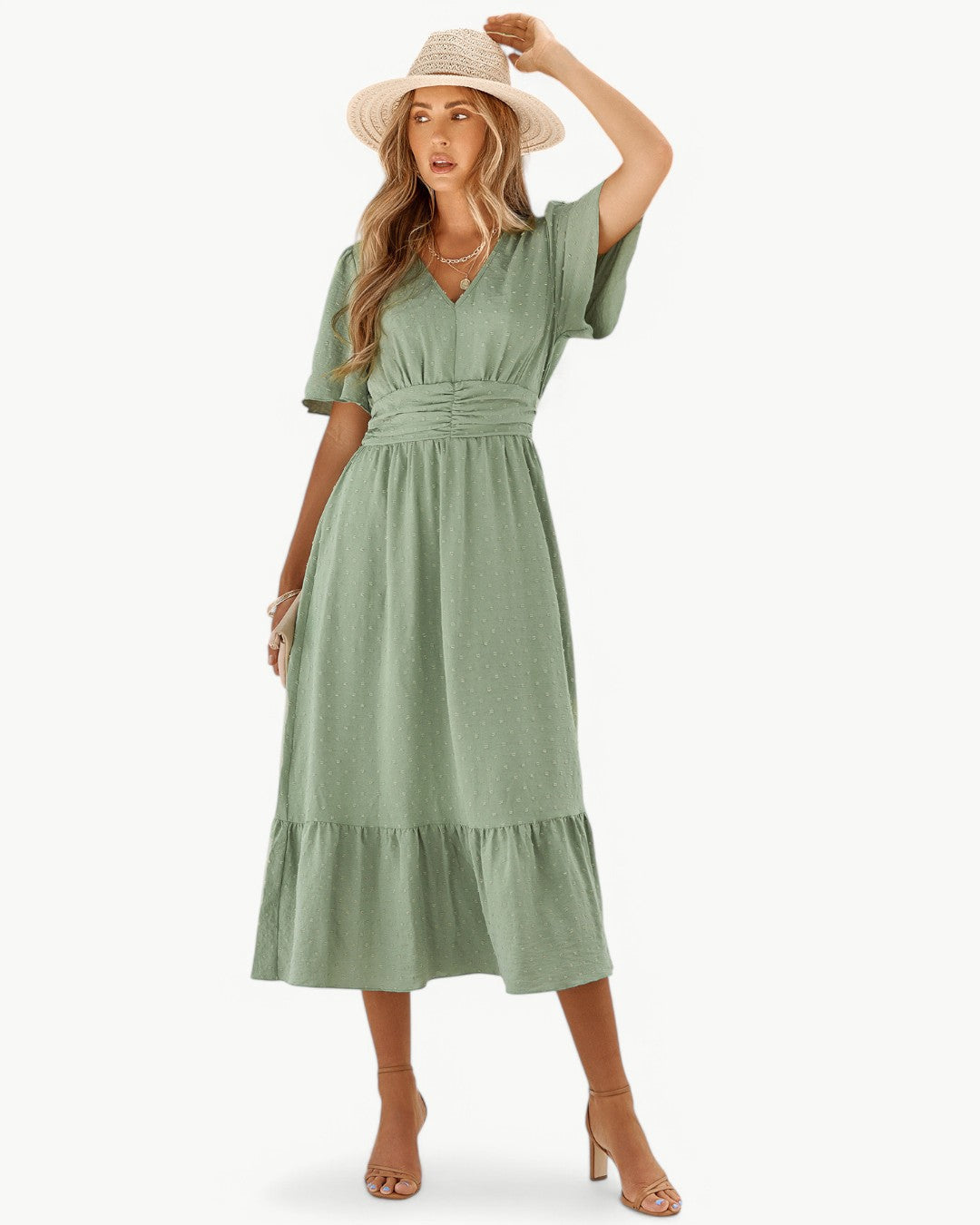 Renee – V-neck calf-length dress with short sleeves