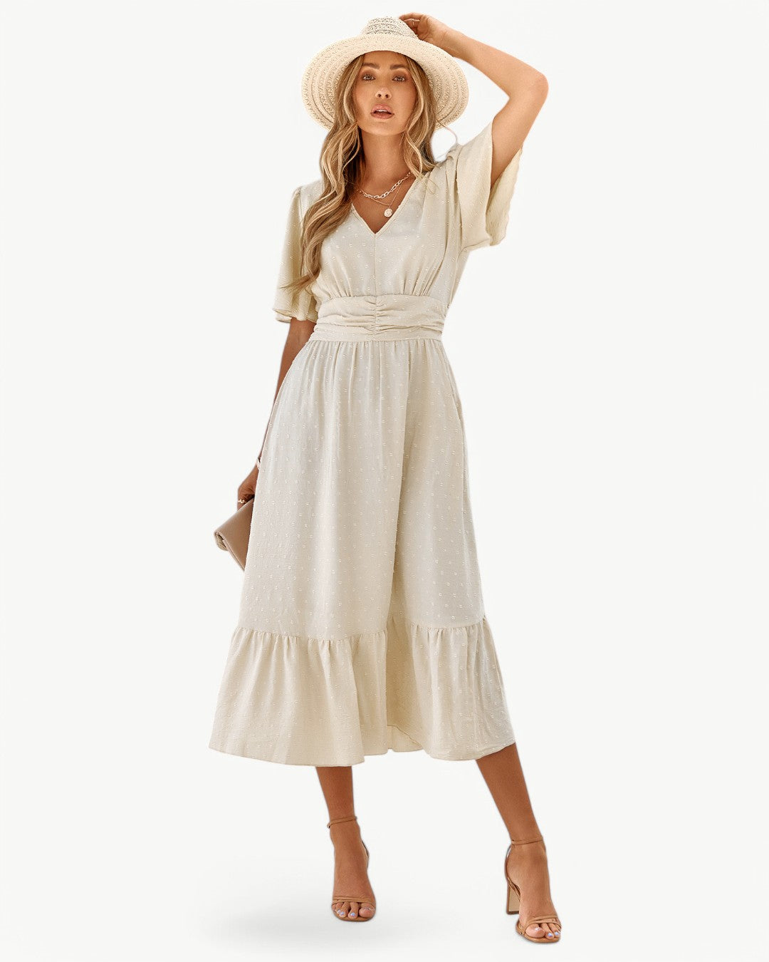 Renee – V-neck calf-length dress with short sleeves