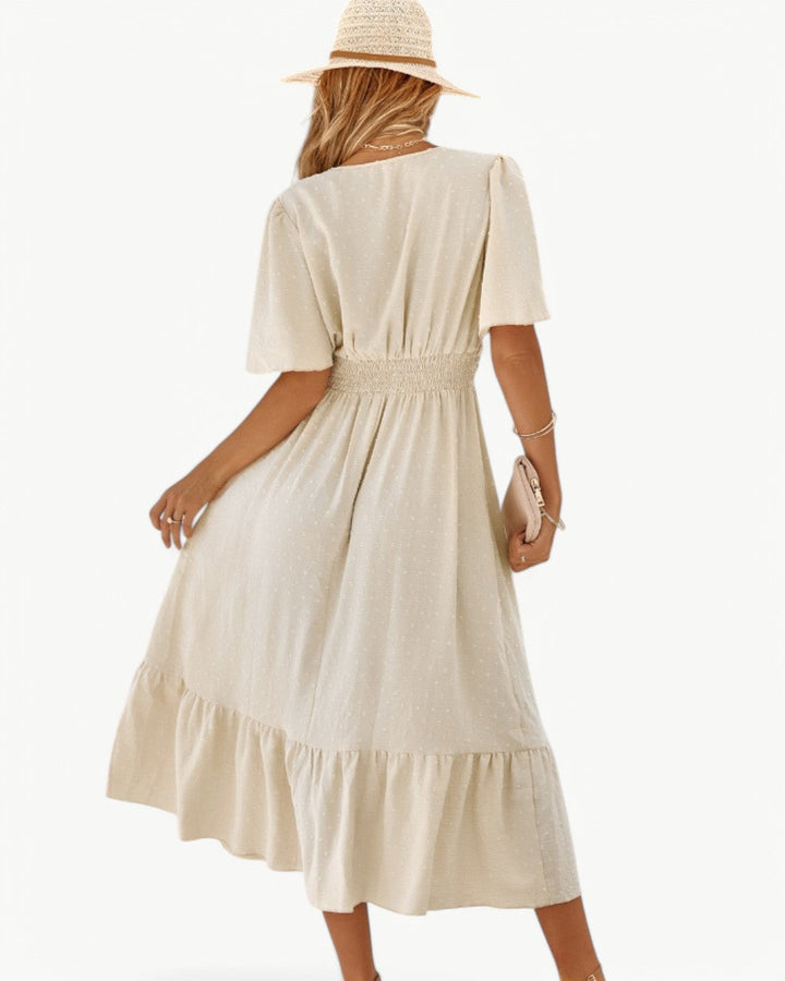 Renee – V-neck calf-length dress with short sleeves