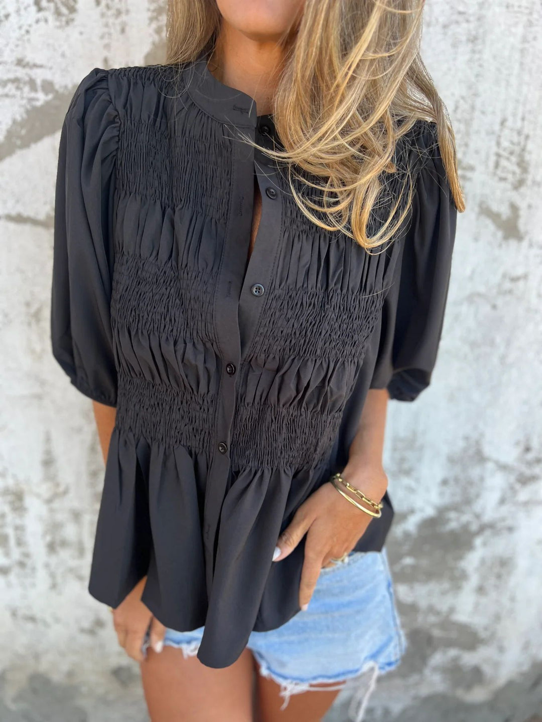 Eliza - Pleated Button-Up Blouse