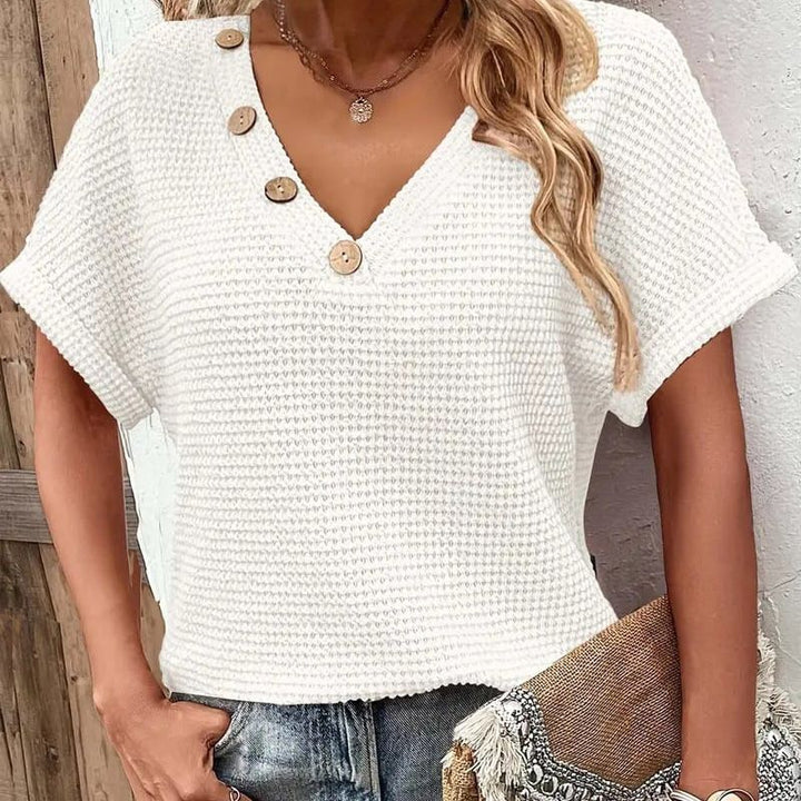 Adina™ - Elegant V-neck sweater with short sleeves and buttons
