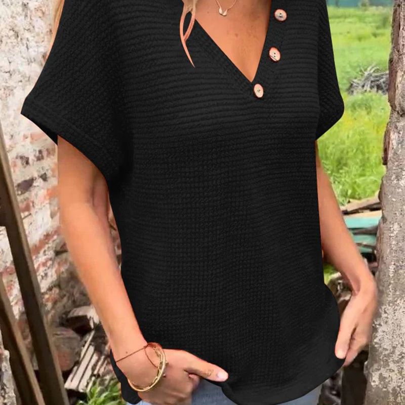 Adina™ - Elegant V-neck sweater with short sleeves and buttons