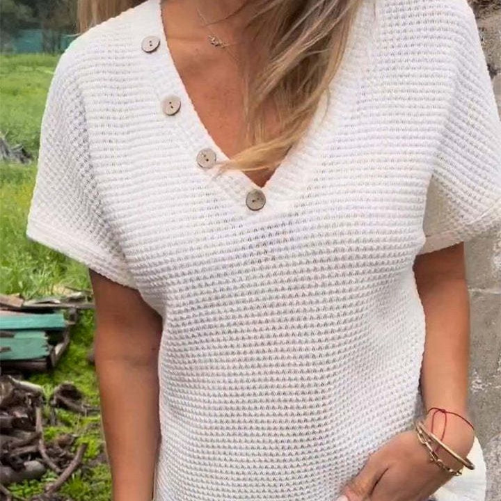 Adina™ - Elegant V-neck sweater with short sleeves and buttons