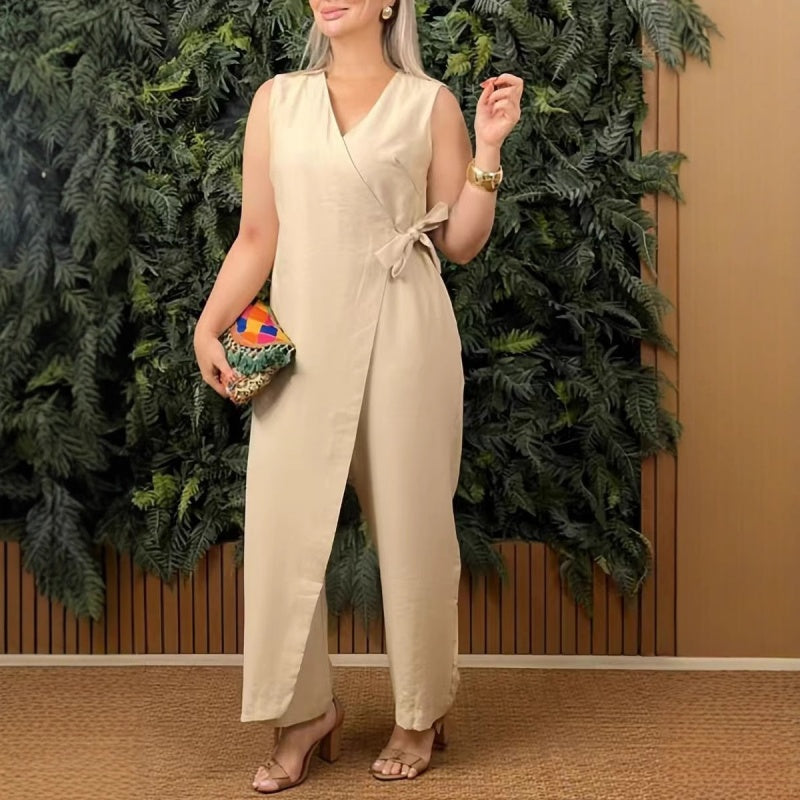 Mirabelle™ - Women’s Solid V-Neck Jumpsuit with Tie Waist – Casual Fit