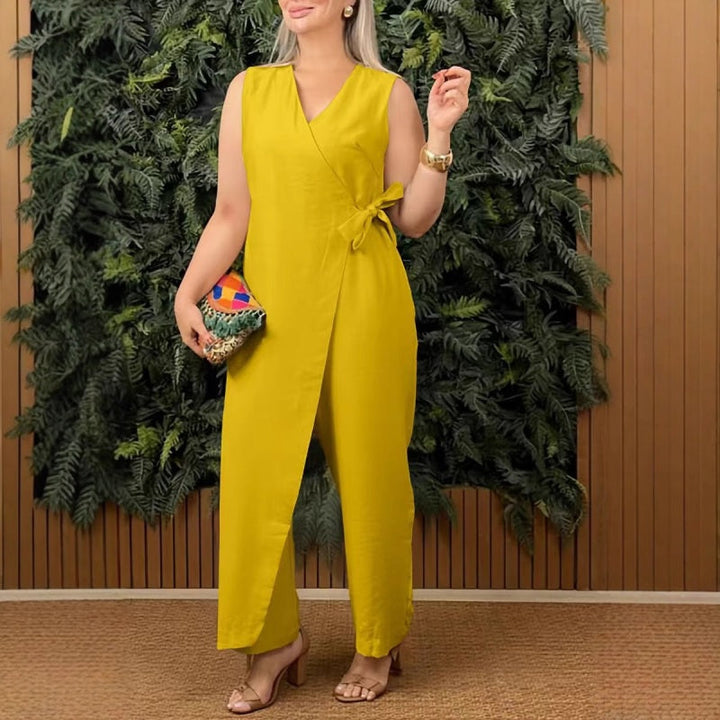Mirabelle™ - Women’s Solid V-Neck Jumpsuit with Tie Waist – Casual Fit